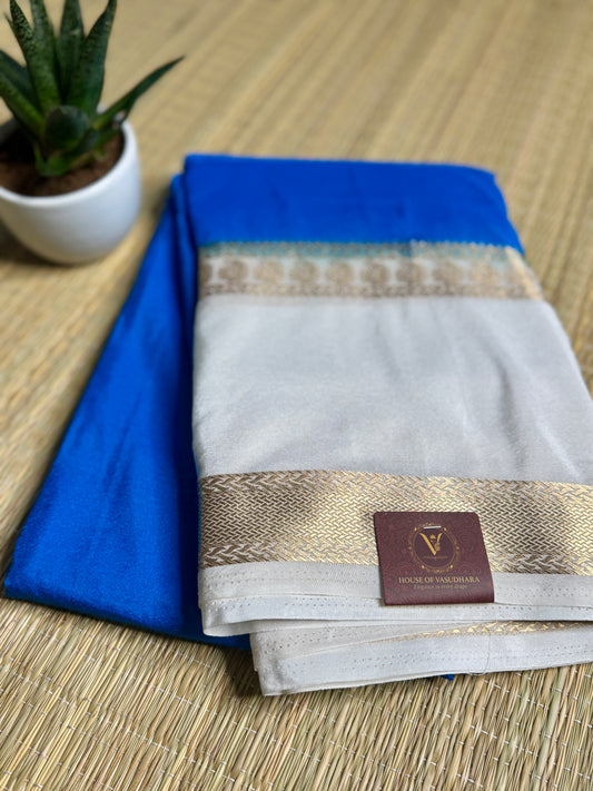 Blue Semi Mysore silk crepe with Soft Cream Bentex border