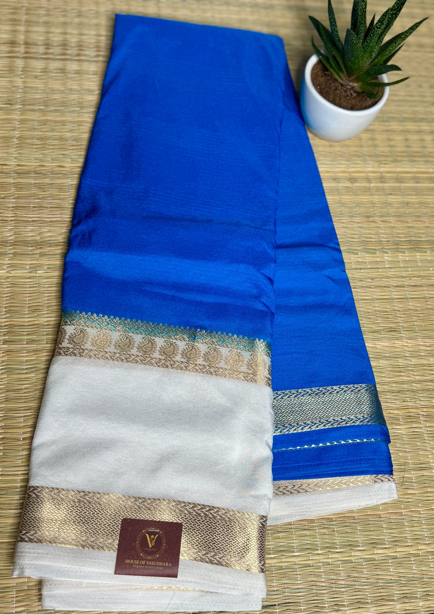 Blue Semi Mysore silk crepe with Soft Cream Bentex border