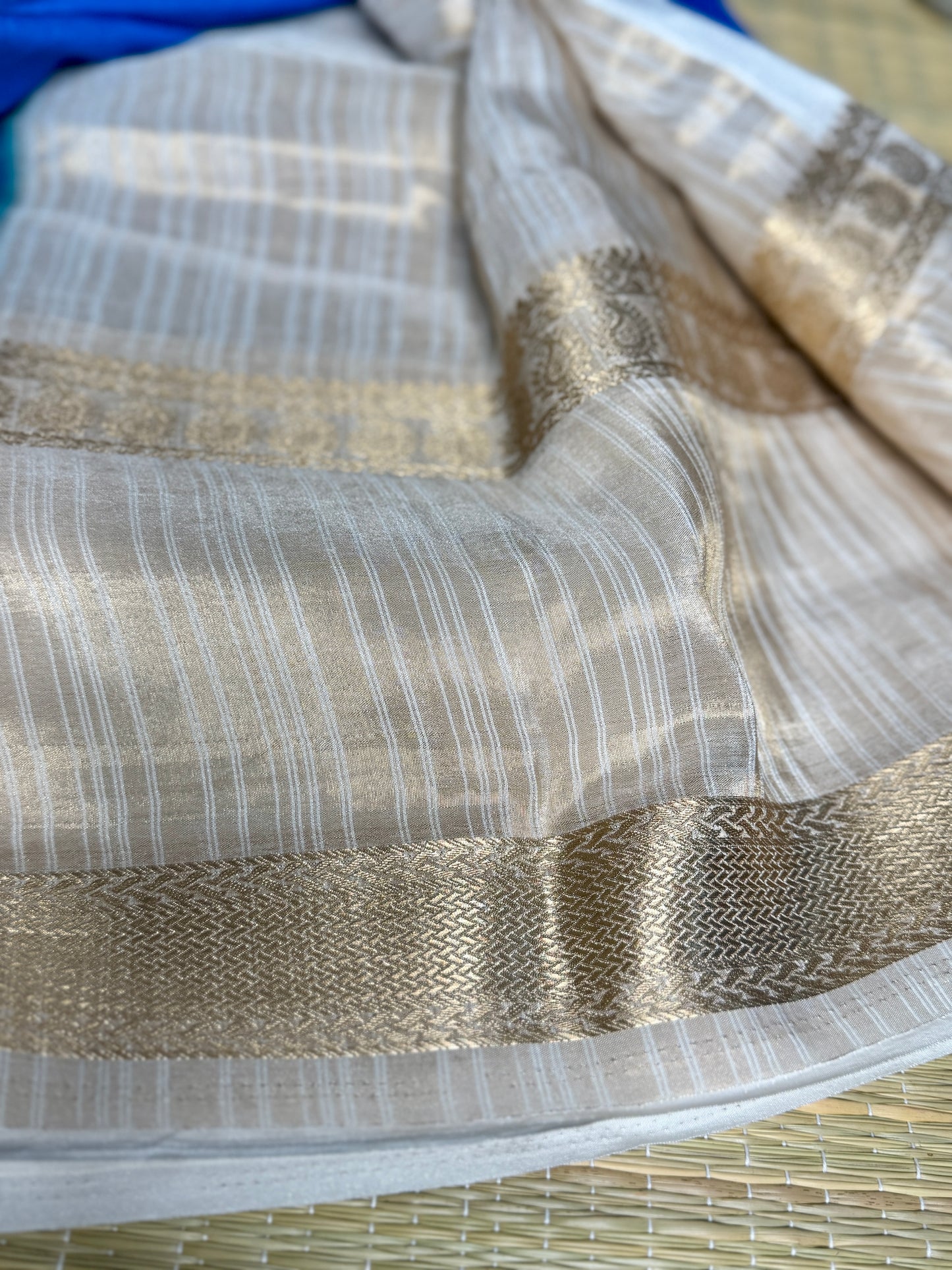 Blue Semi Mysore silk crepe with Soft Cream Bentex border