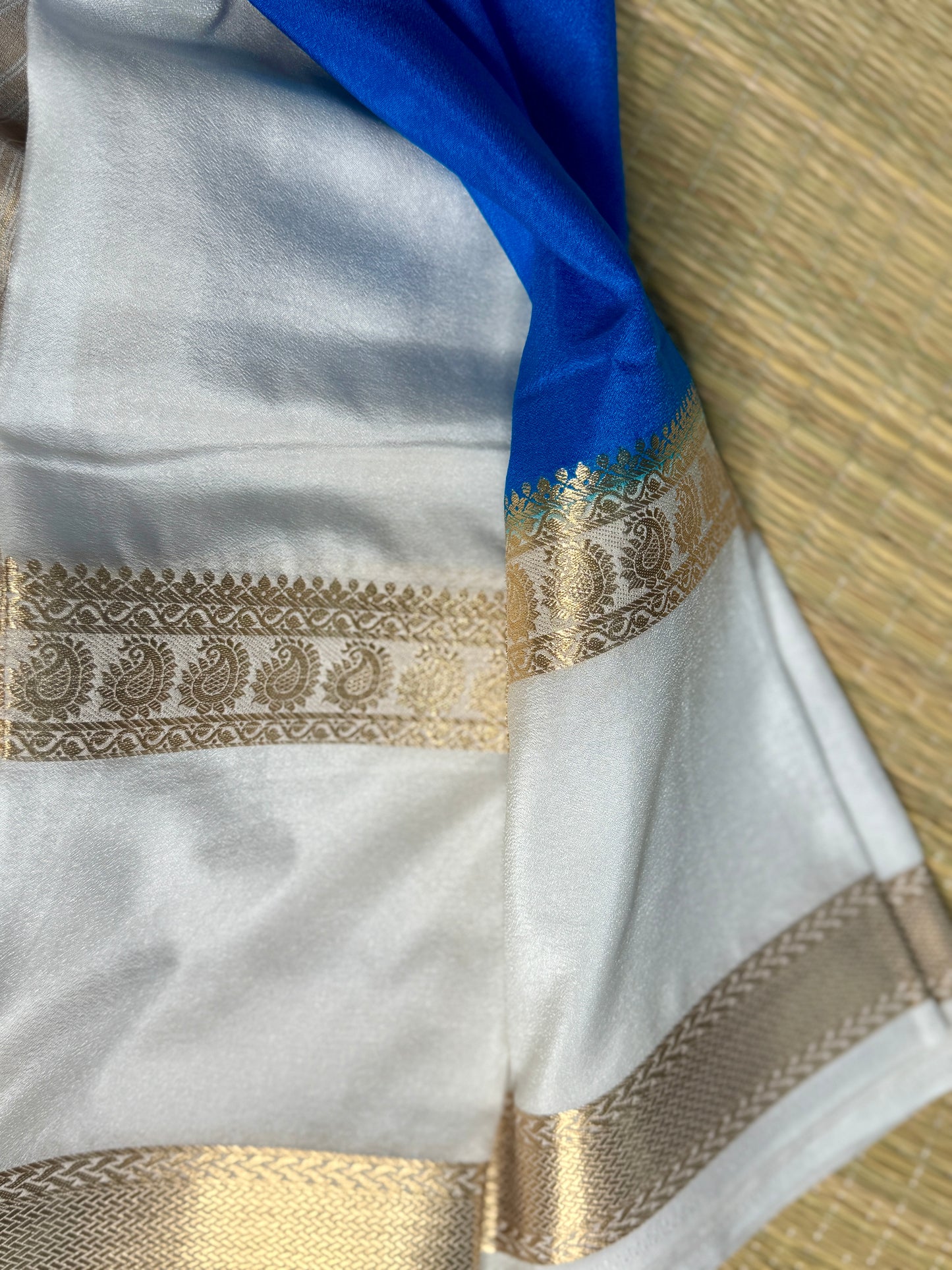 Blue Semi Mysore silk crepe with Soft Cream Bentex border
