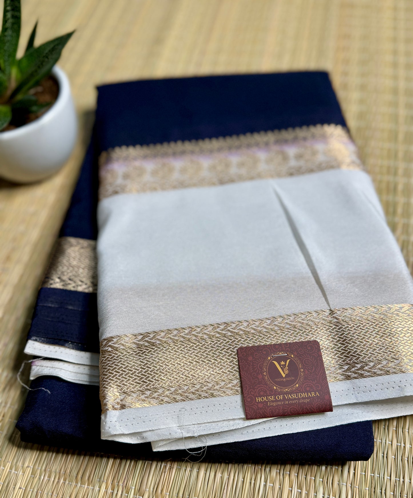 Navy Blue Semi Mysore silk crepe with Soft Cream Bentex border