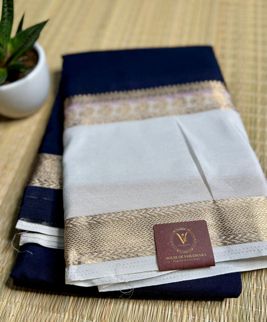 Navy Blue Semi Mysore silk crepe with Soft Cream Bentex border