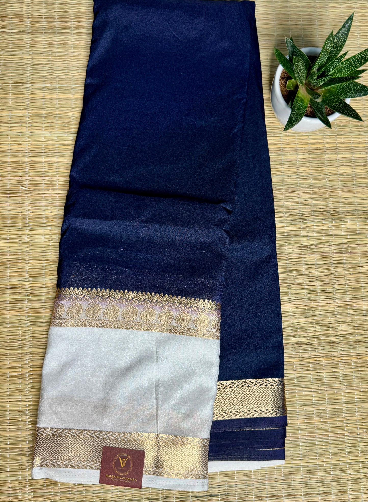 Navy Blue Semi Mysore silk crepe with Soft Cream Bentex border