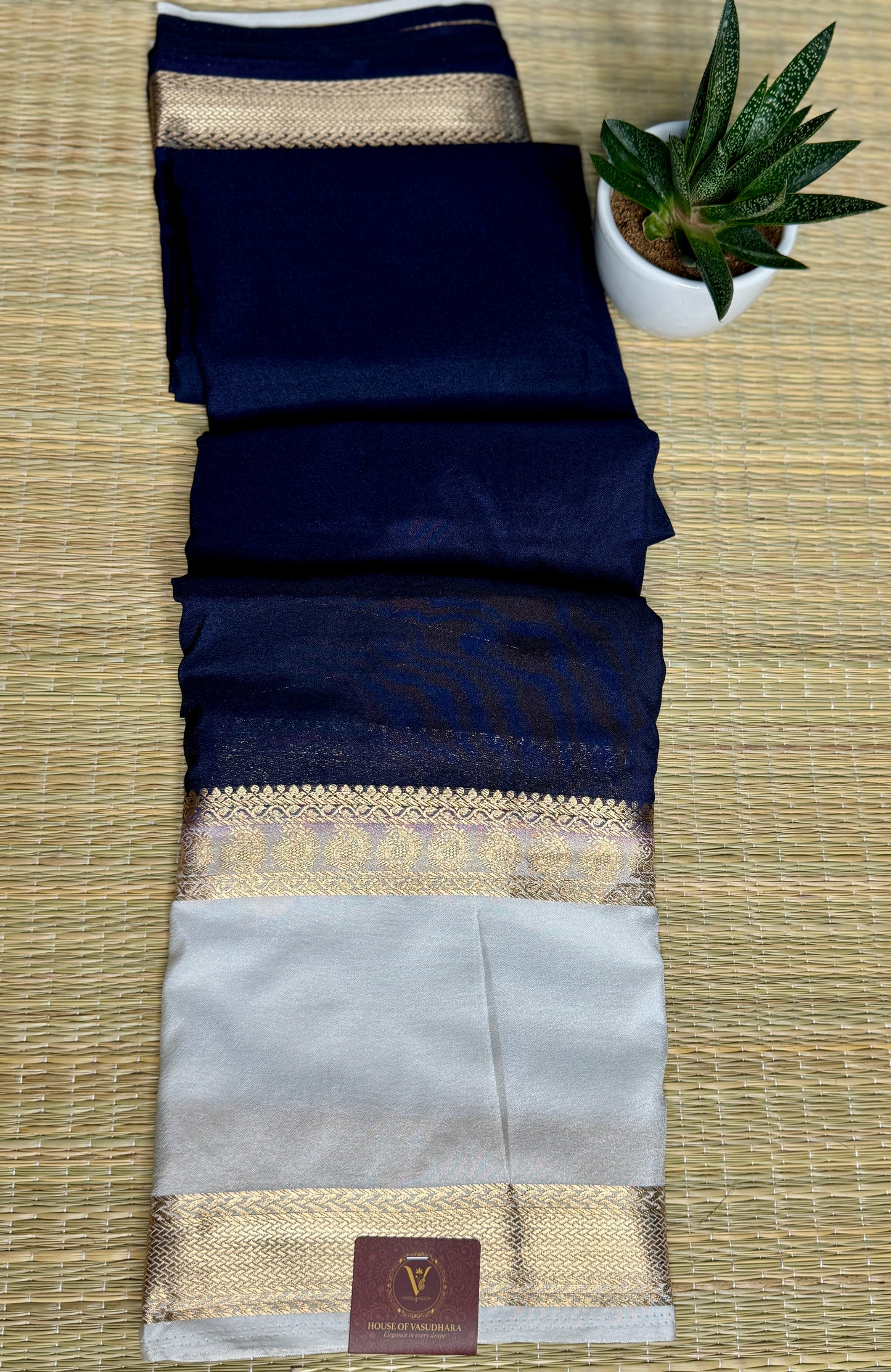 Navy Blue Semi Mysore silk crepe with Soft Cream Bentex border