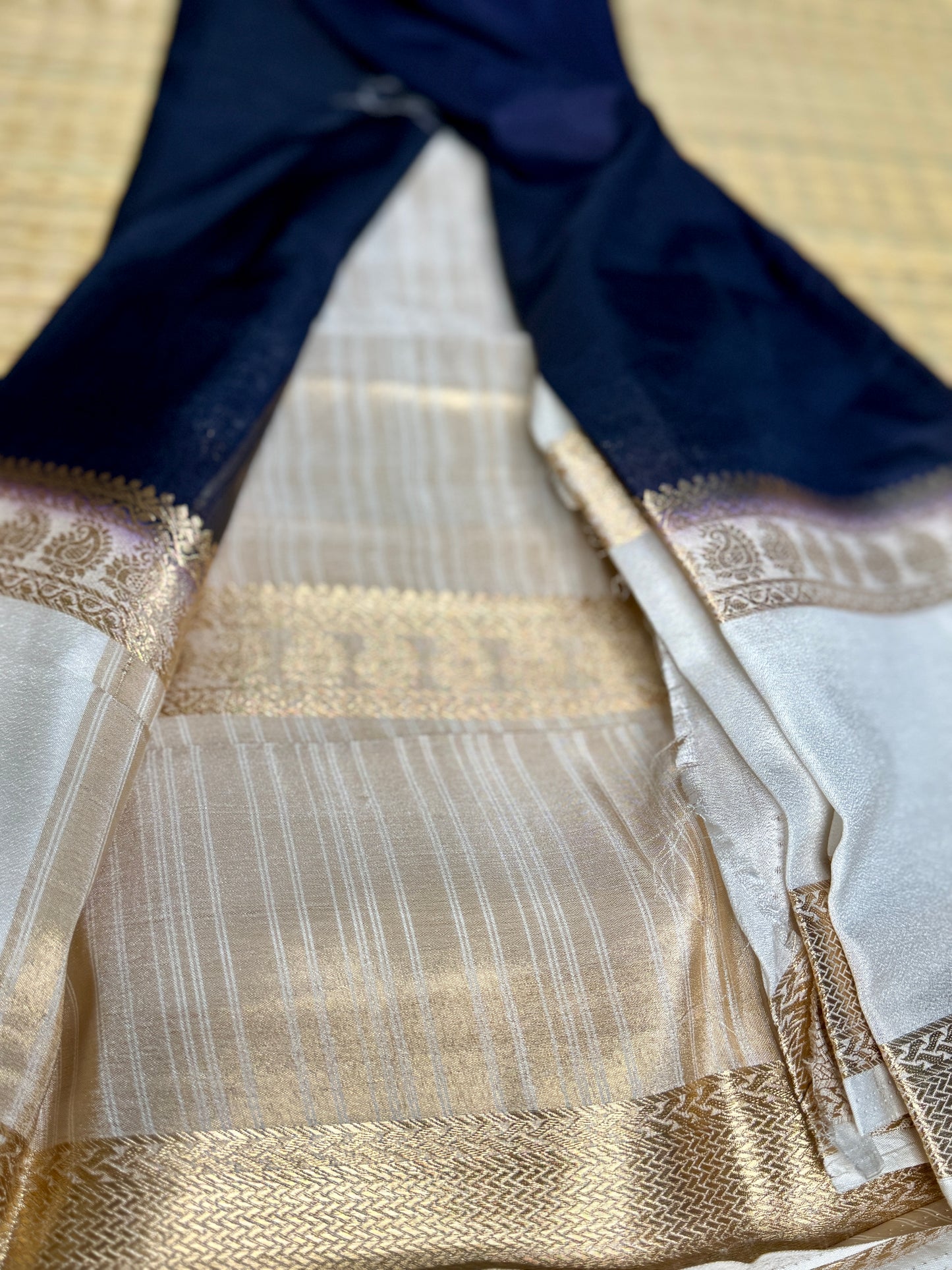 Navy Blue Semi Mysore silk crepe with Soft Cream Bentex border