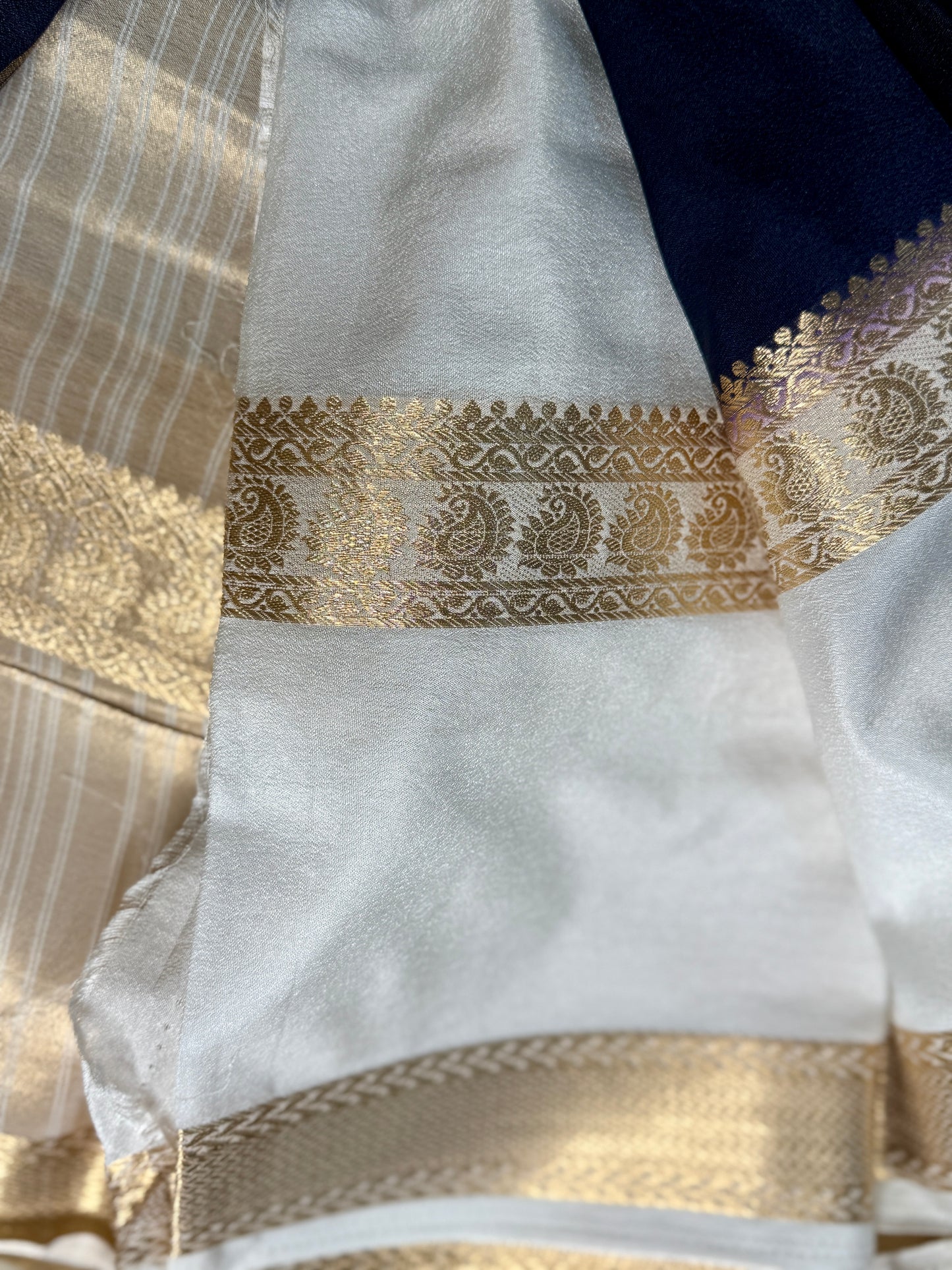 Navy Blue Semi Mysore silk crepe with Soft Cream Bentex border
