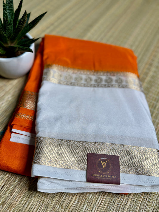 Orange Semi Mysore silk crepe with Soft Cream Bentex border