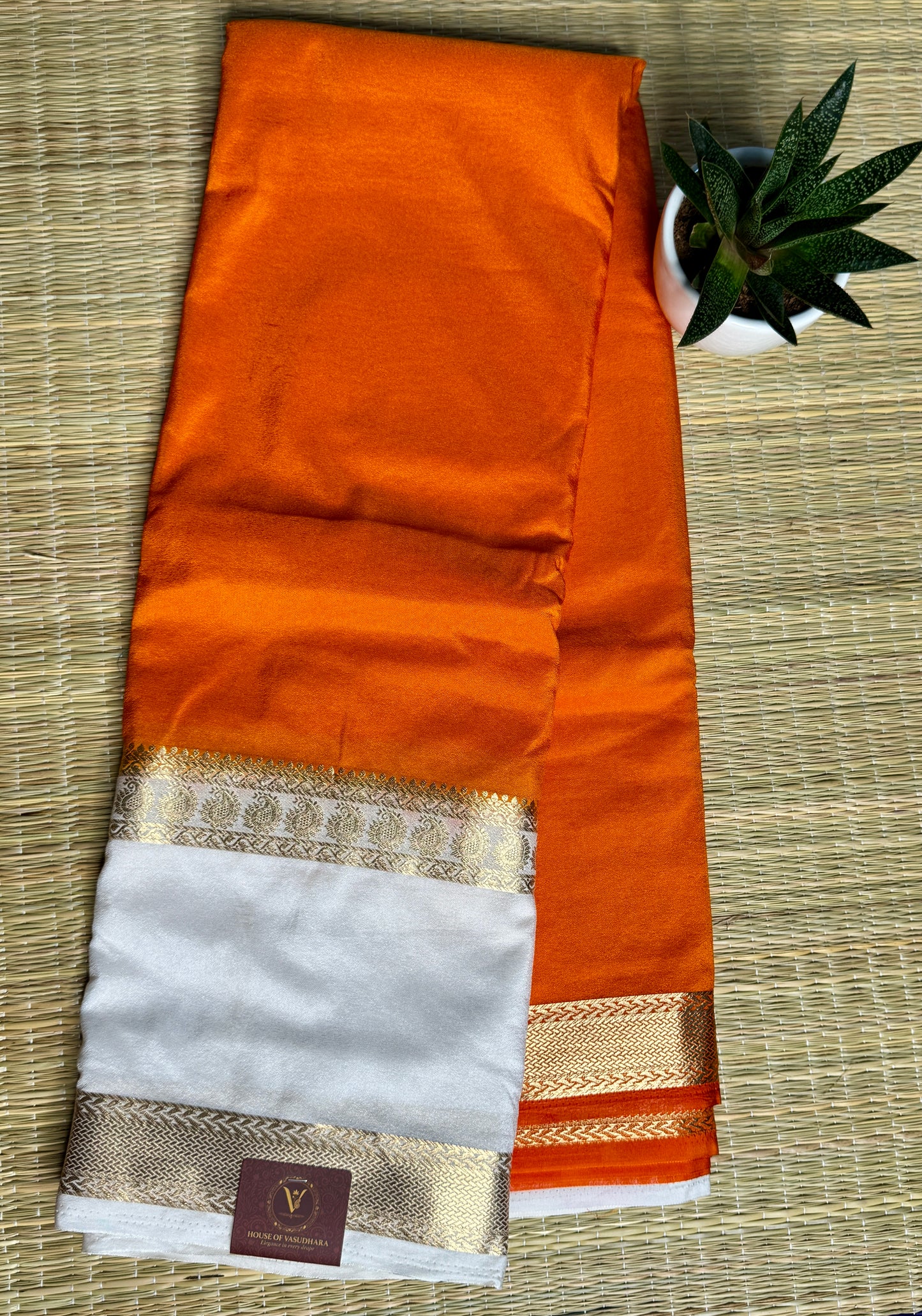 Orange Semi Mysore silk crepe with Soft Cream Bentex border