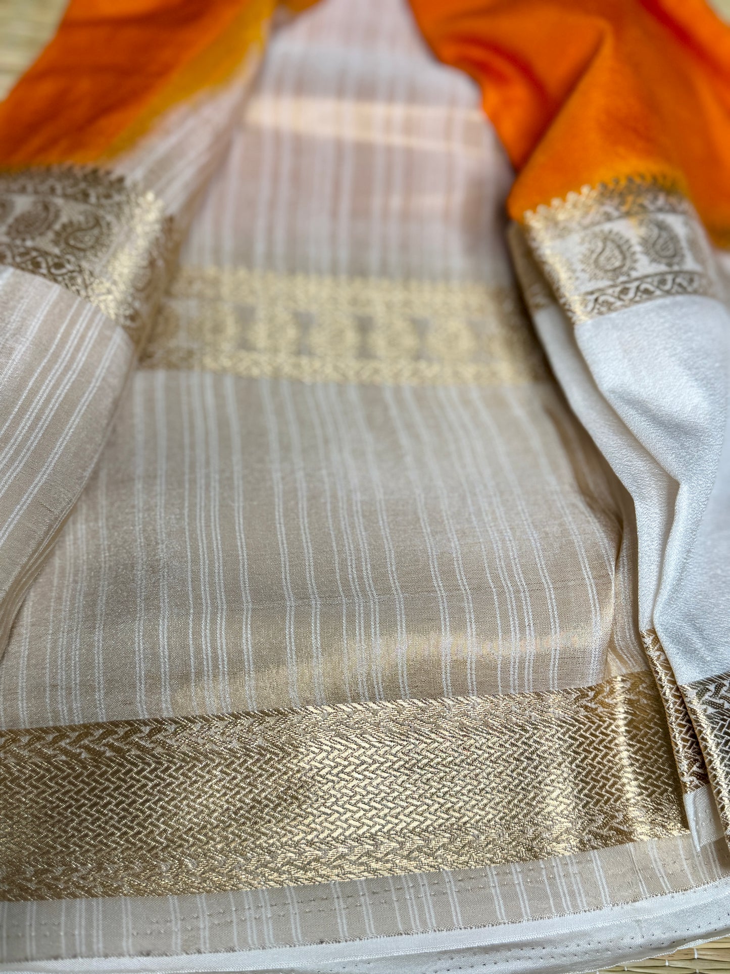 Orange Semi Mysore silk crepe with Soft Cream Bentex border