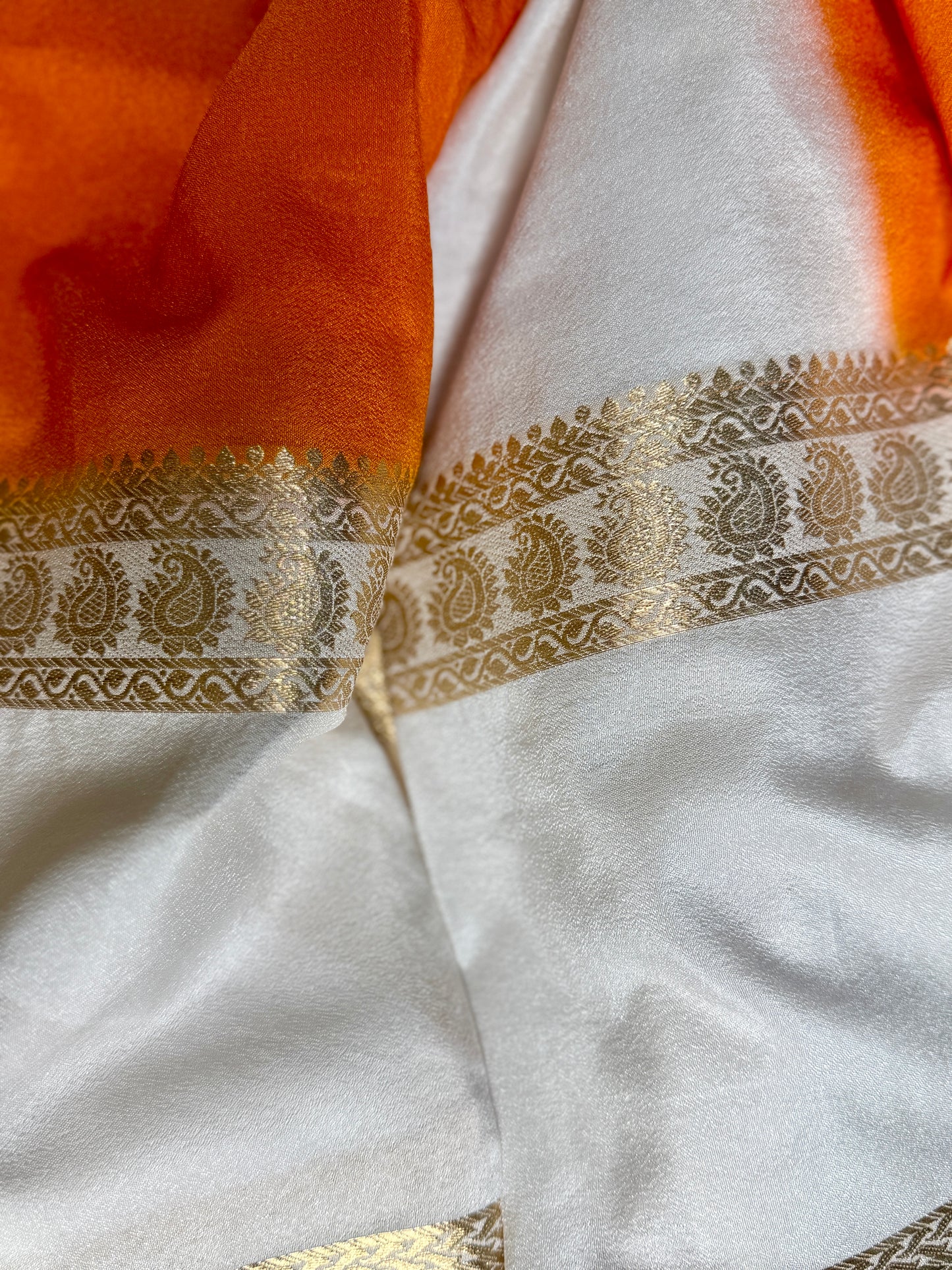 Orange Semi Mysore silk crepe with Soft Cream Bentex border