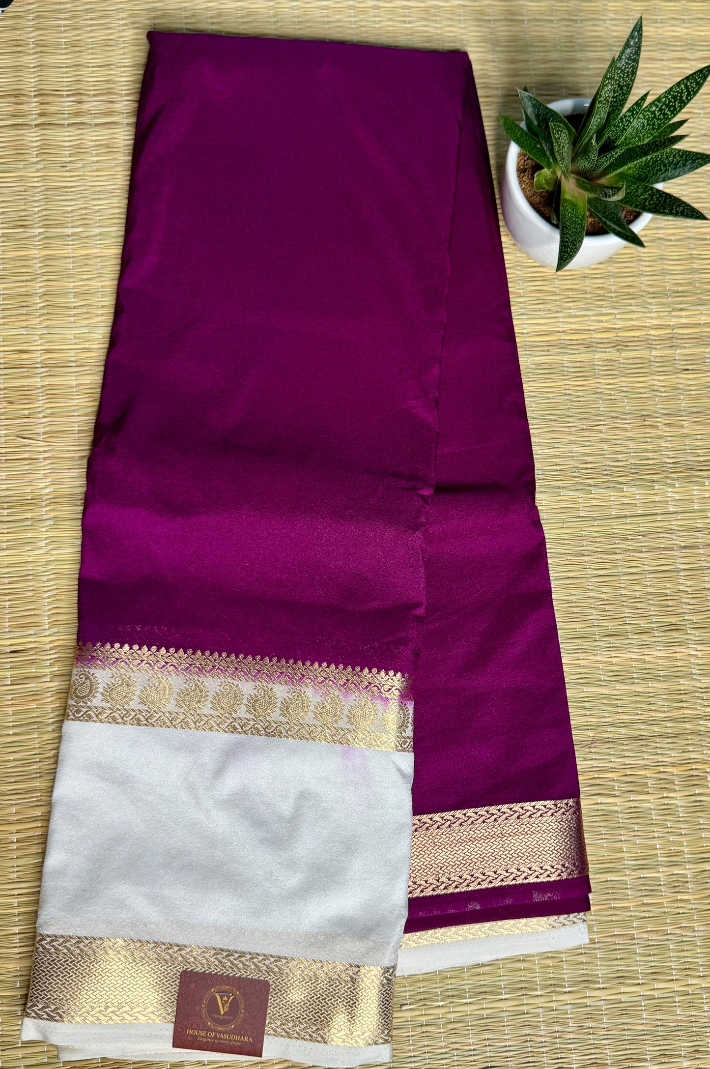 Magenta Semi Mysore silk crepe with Soft Cream Bentex border