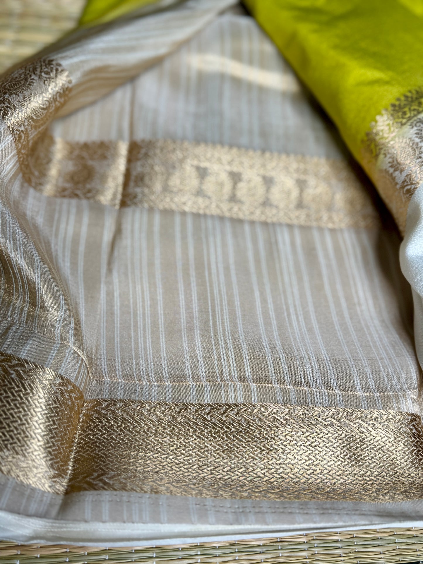 Green Semi Mysore silk crepe with Soft Cream Bentex border