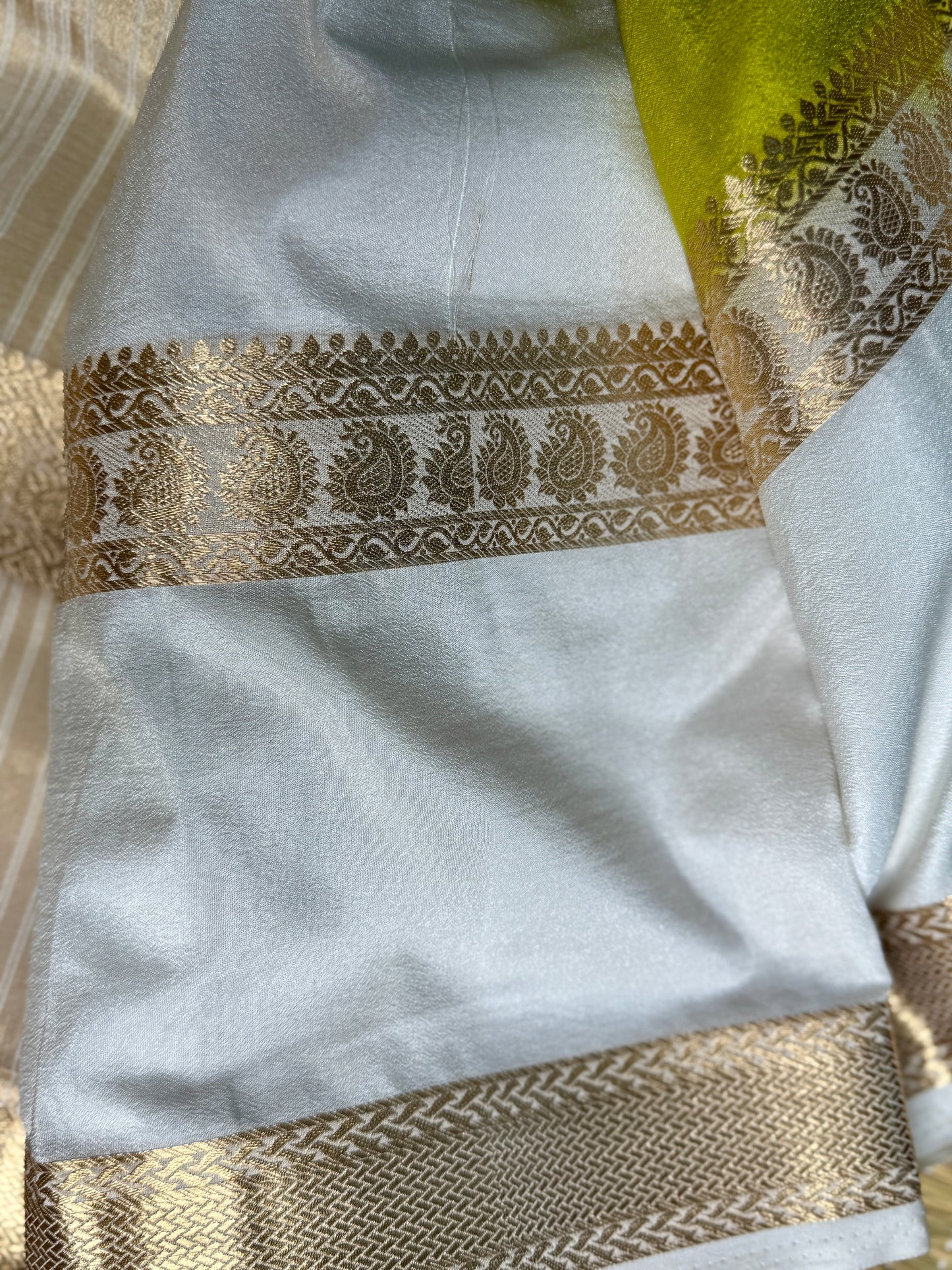 Green Semi Mysore silk crepe with Soft Cream Bentex border