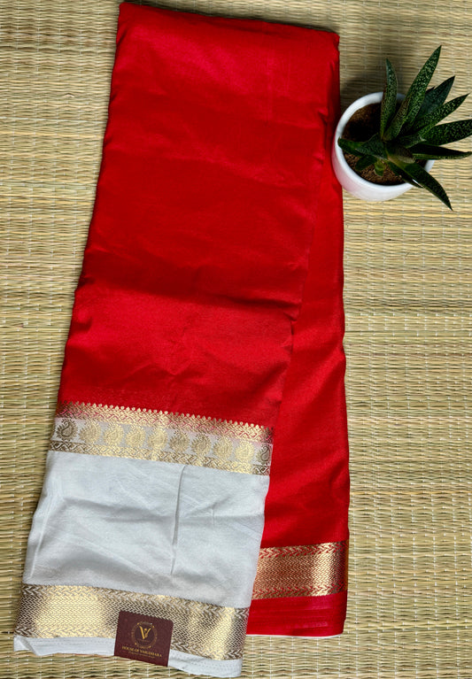 Red Semi Mysore silk crepe with Soft Cream Bentex border