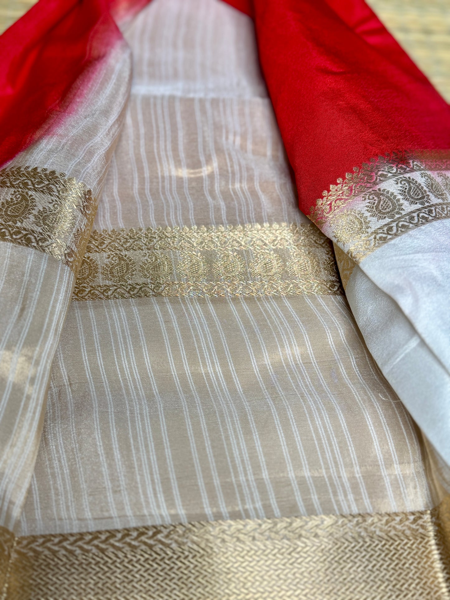 Red Semi Mysore silk crepe with Soft Cream Bentex border