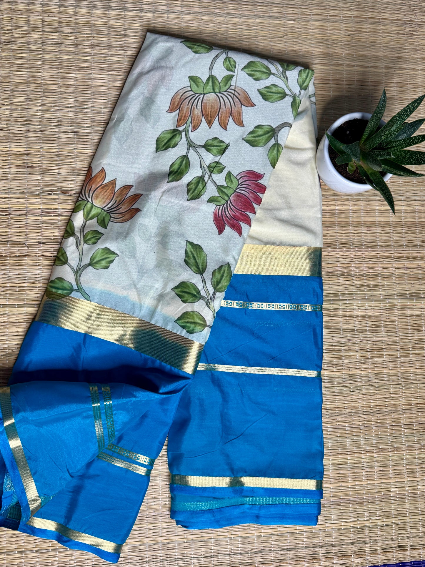 Blue & White 2D Kalamkari Mysore silk crepe