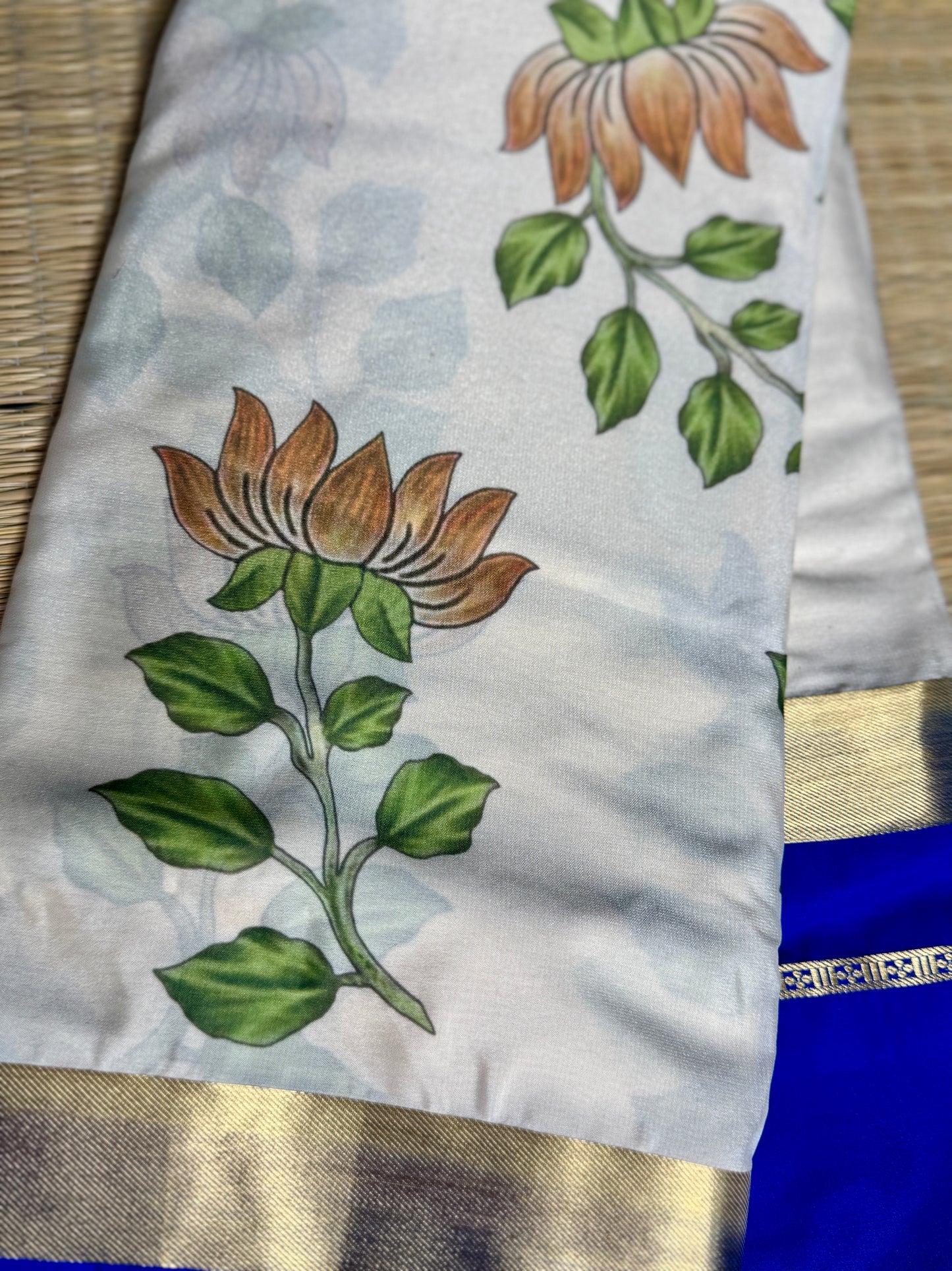 Royal Blue & White 2D Kalamkari Mysore silk crepe
