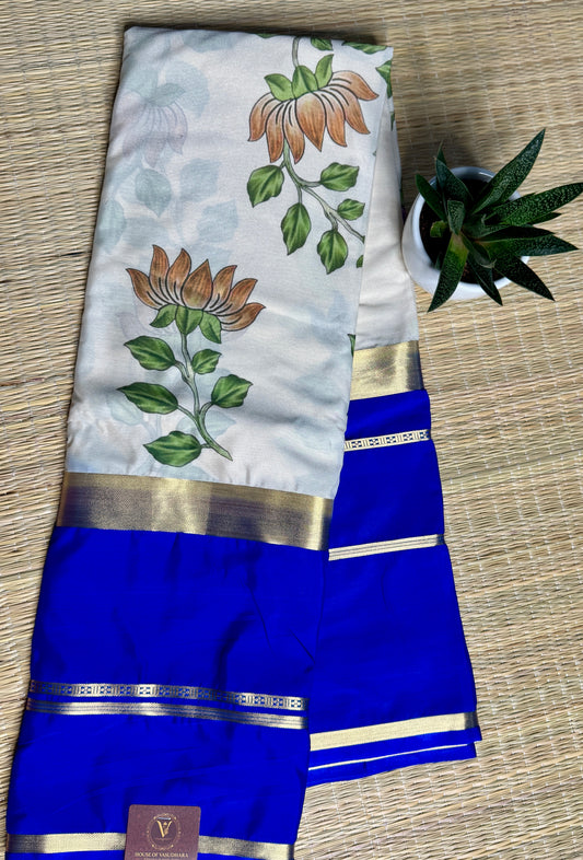 Royal Blue & White 2D Kalamkari Mysore silk crepe