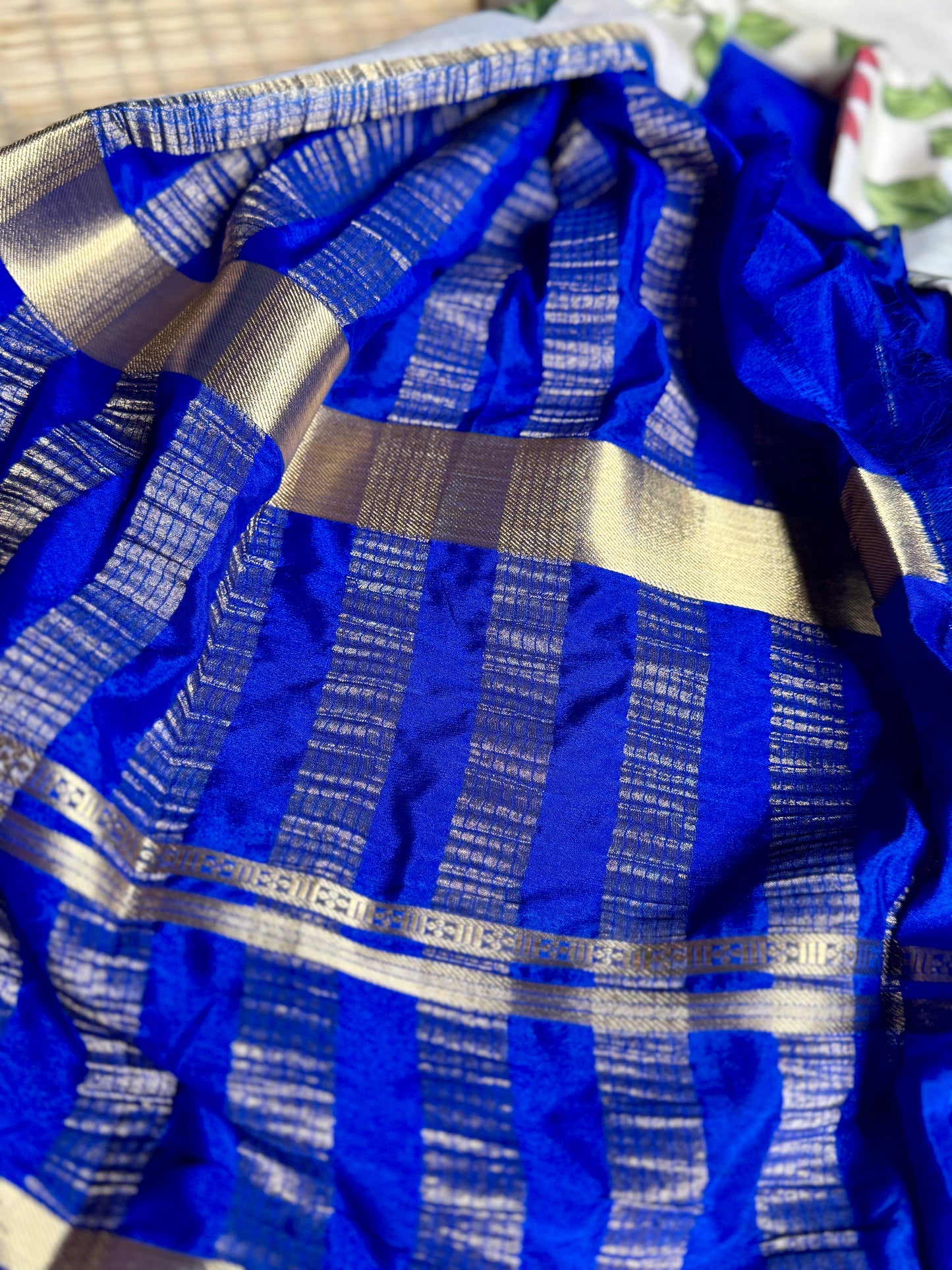 Royal Blue & White 2D Kalamkari Mysore silk crepe