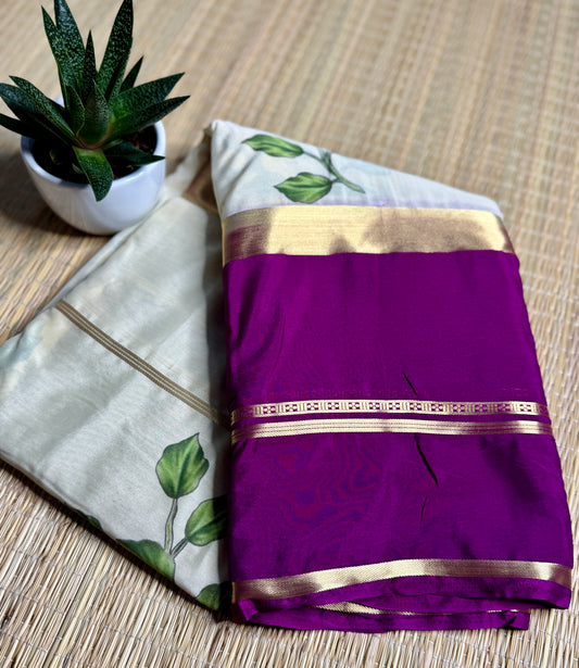 Magenta & White 2D Kalamkari Mysore silk crepe
