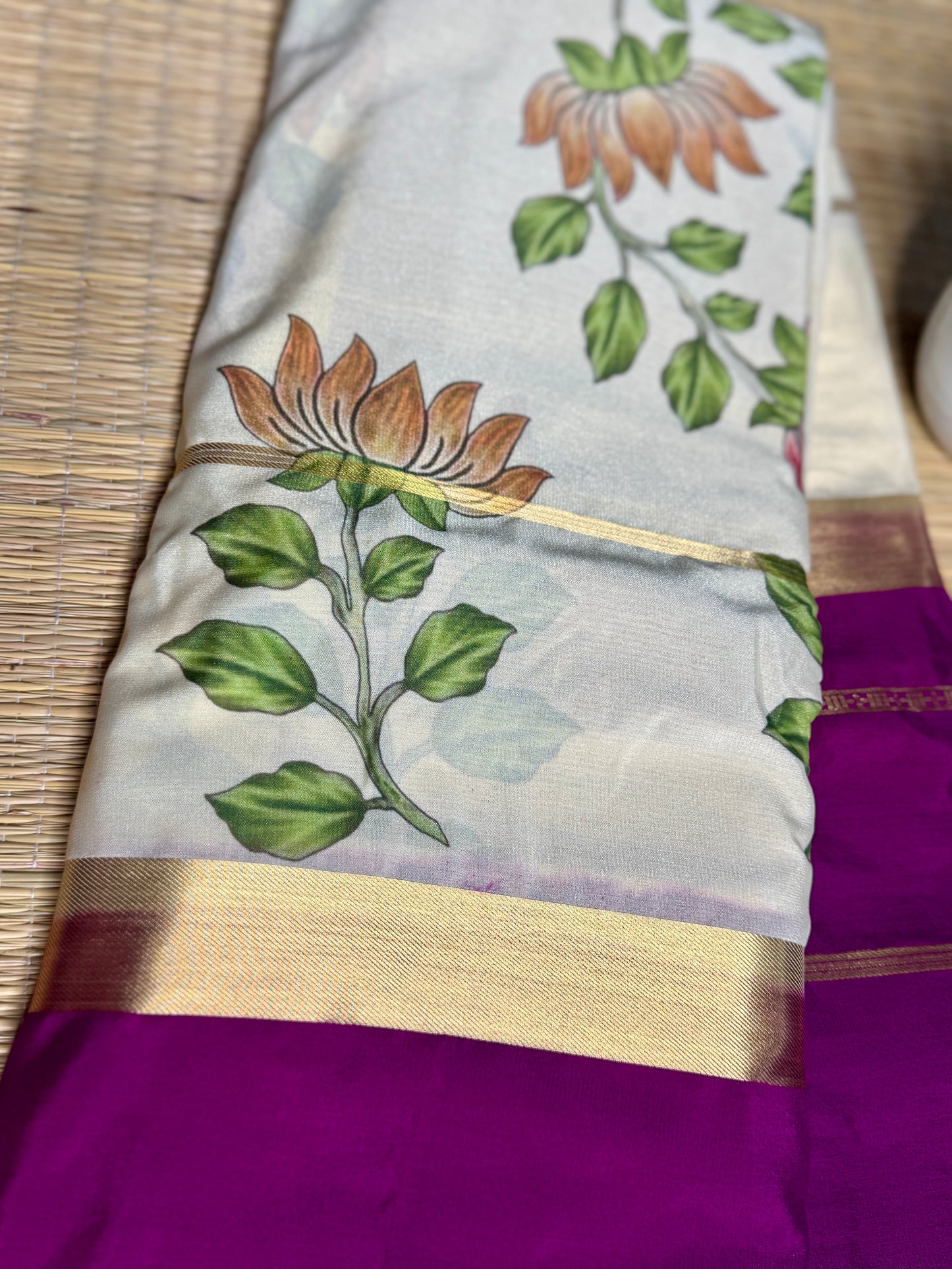 Magenta & White 2D Kalamkari Mysore silk crepe