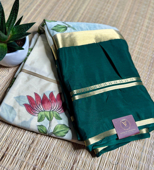 Bottle Green & White 2D Kalamkari Mysore silk crepe