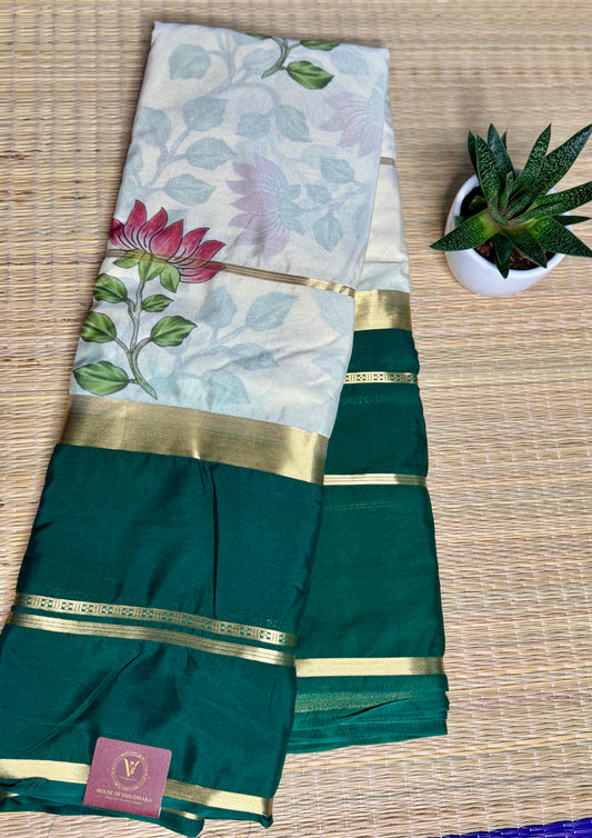 Bottle Green & White 2D Kalamkari Mysore silk crepe