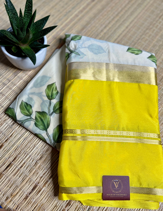 Yellow & White 2D Kalamkari Mysore silk crepe