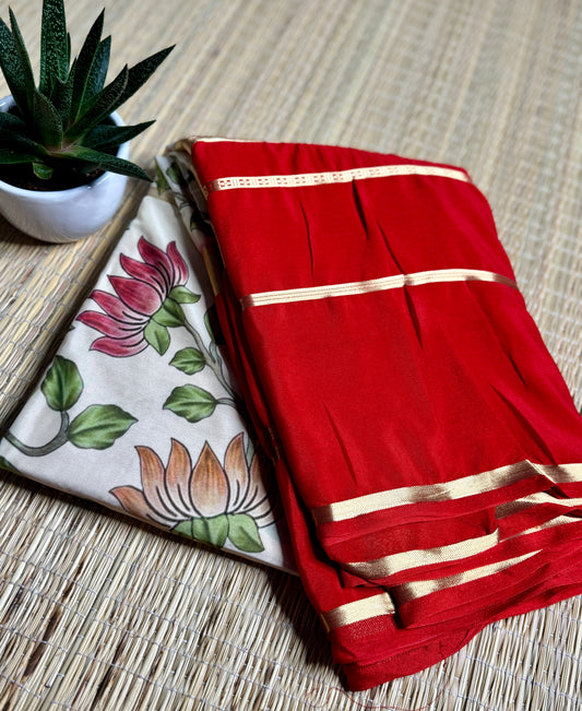 Red & White 2D Kalamkari Mysore silk crepe