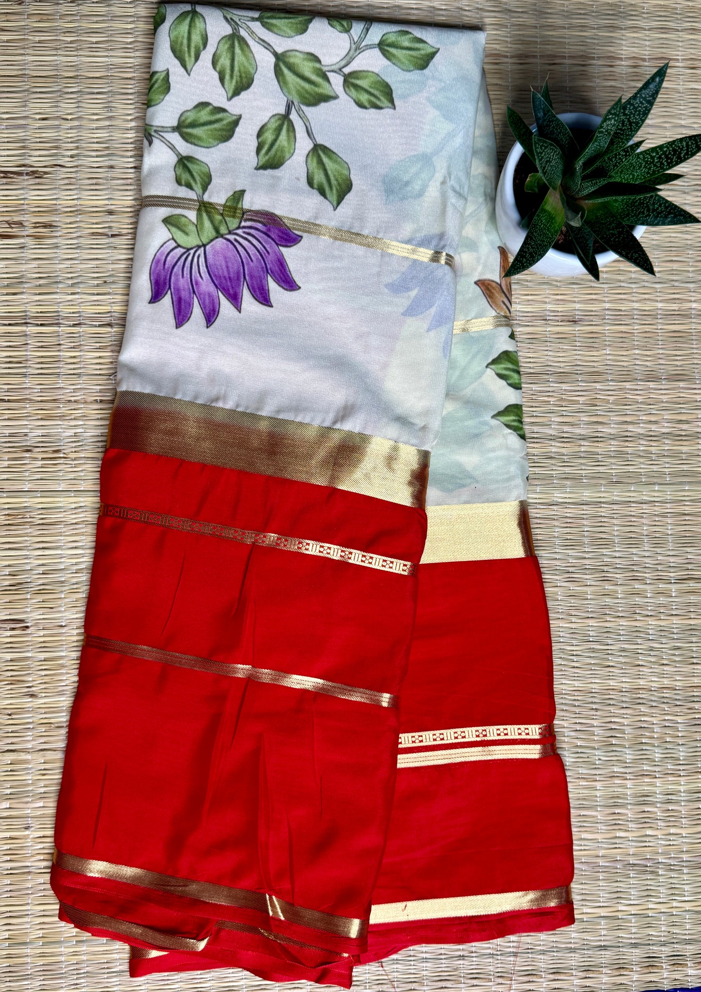 Red & White 2D Kalamkari Mysore silk crepe