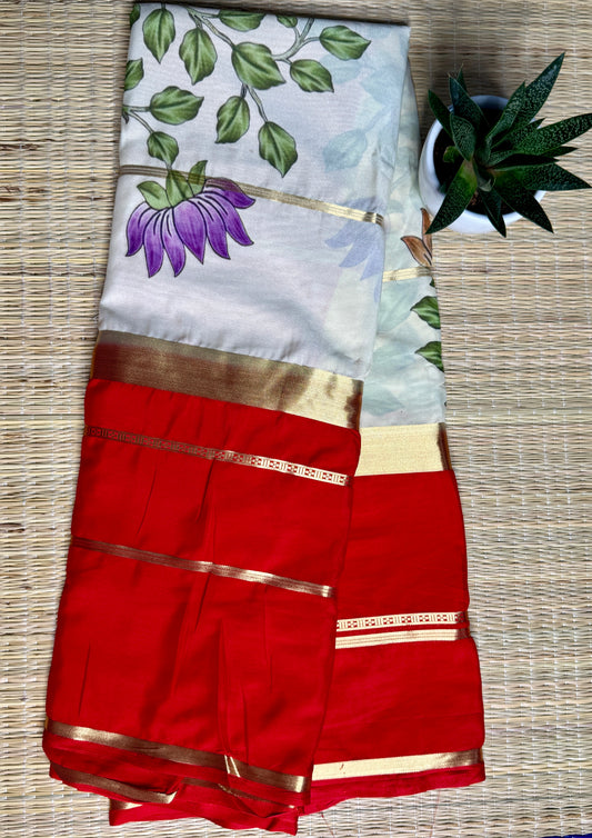 Red & White 2D Kalamkari Mysore silk crepe