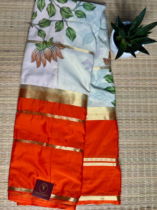 Orange & White 2D Kalamkari Mysore silk crepe