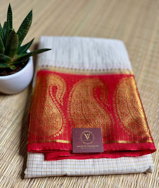 White Checked Mysore silk crepe Saree with Contrast Border