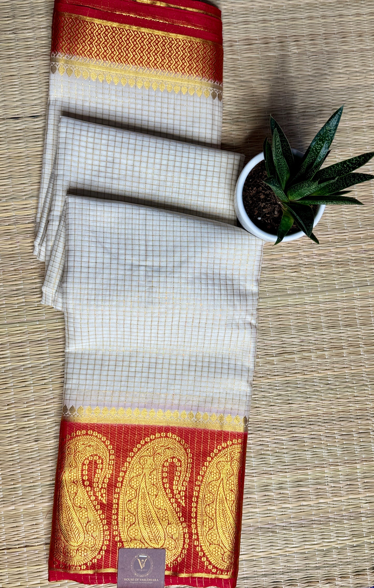 White Checked Mysore silk crepe Saree with Contrast Border