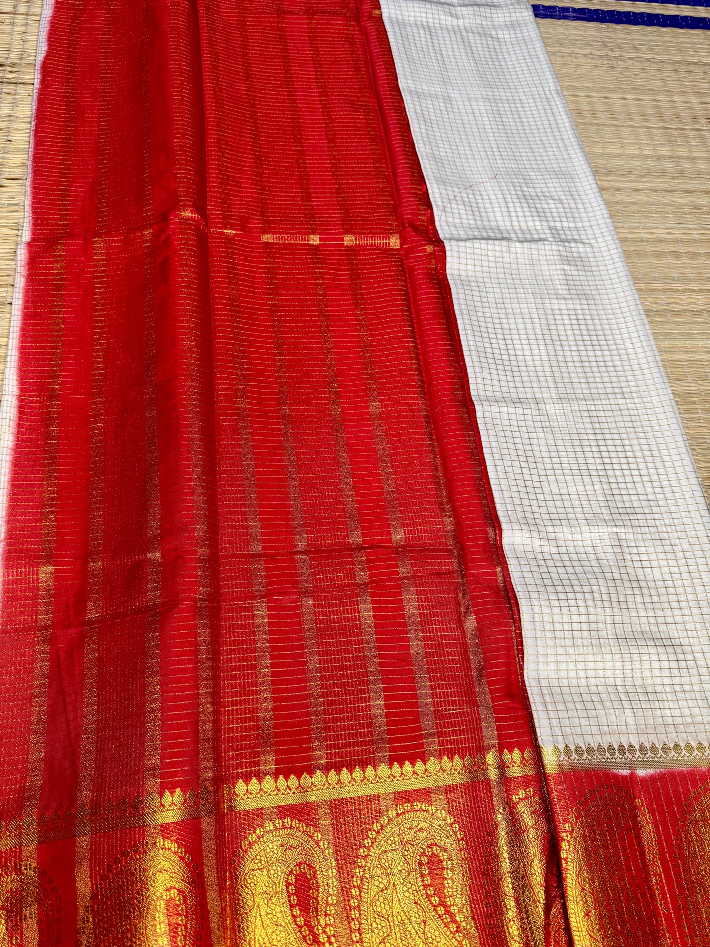 White Checked Mysore silk crepe Saree with Contrast Border