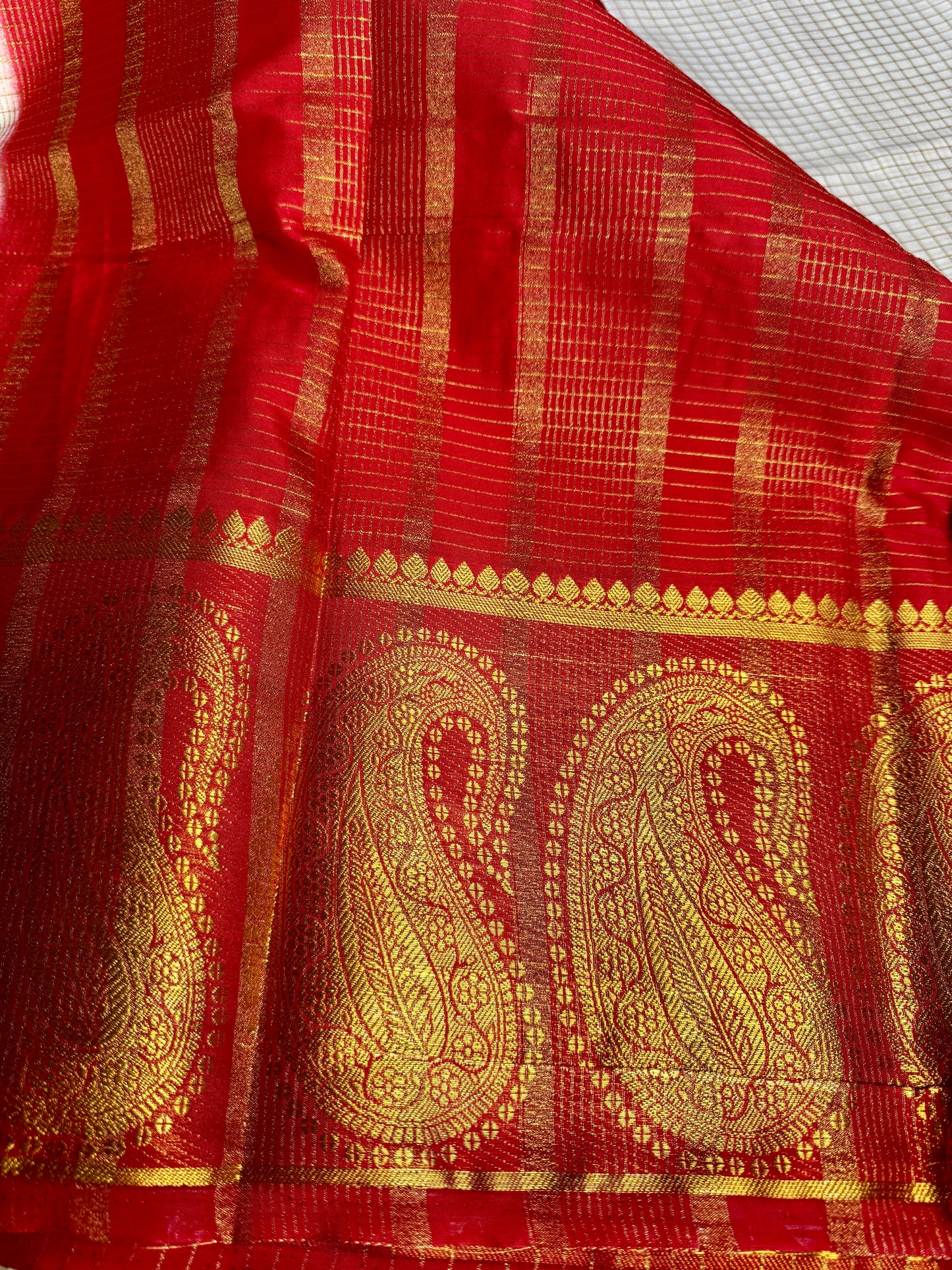 White Checked Mysore silk crepe Saree with Contrast Border