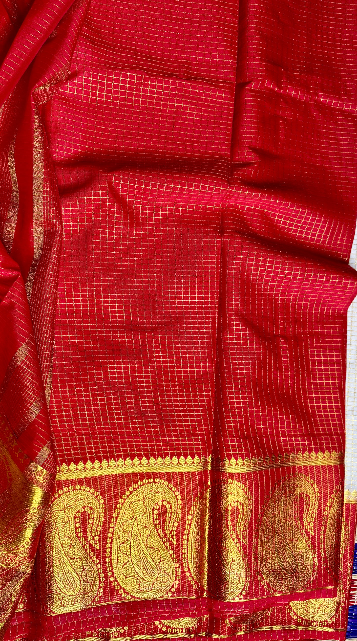 White Checked Mysore silk crepe Saree with Contrast Border