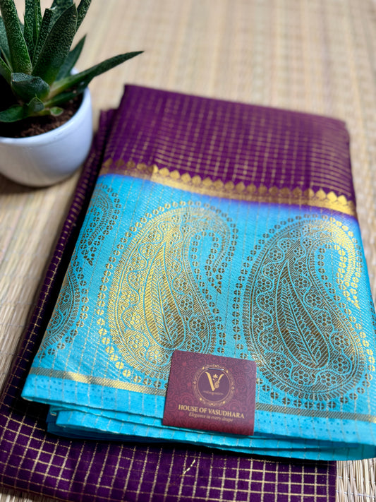 Purple Checked Mysore silk crepe Saree with Contrast Border