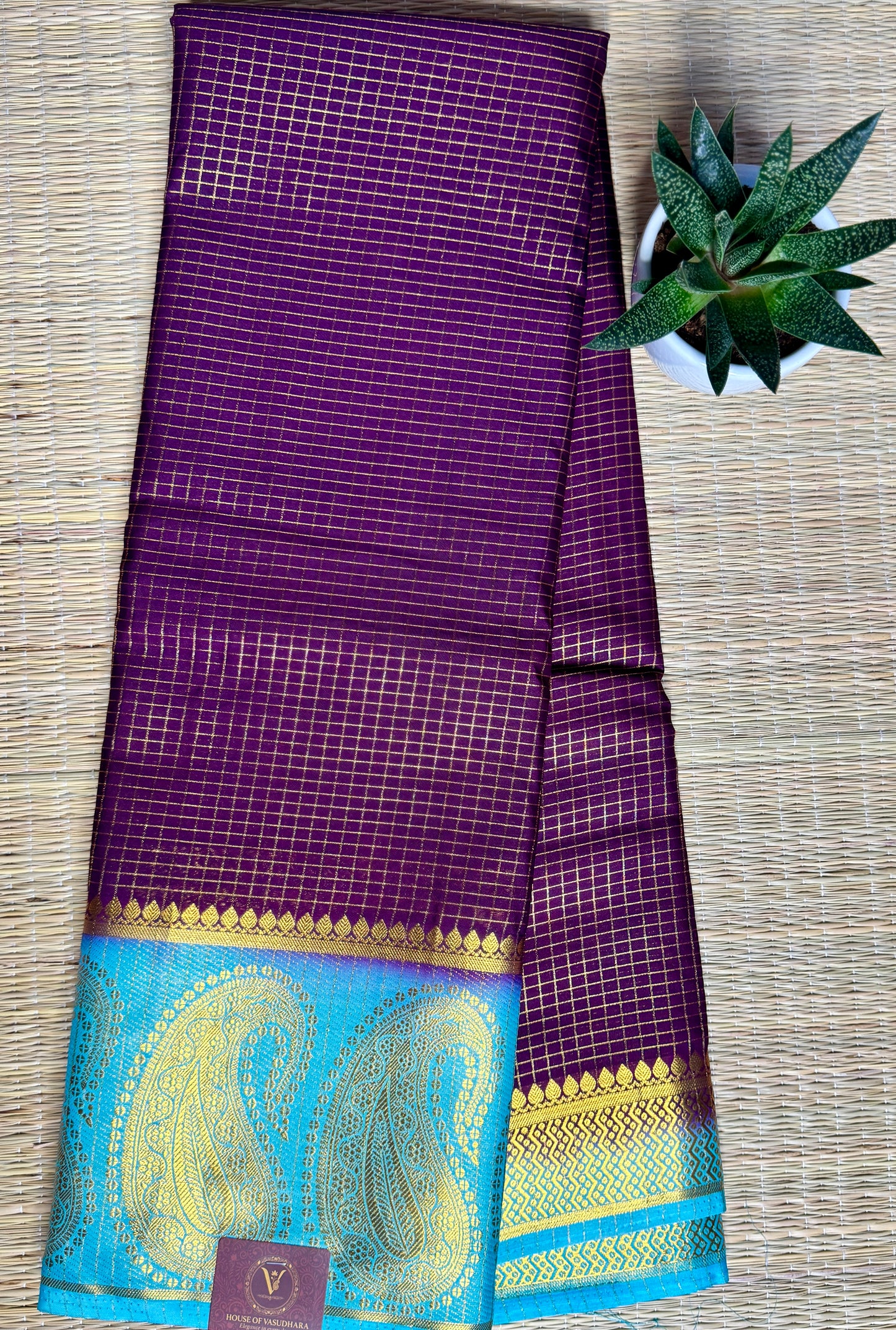 Purple Checked Mysore silk crepe Saree with Contrast Border