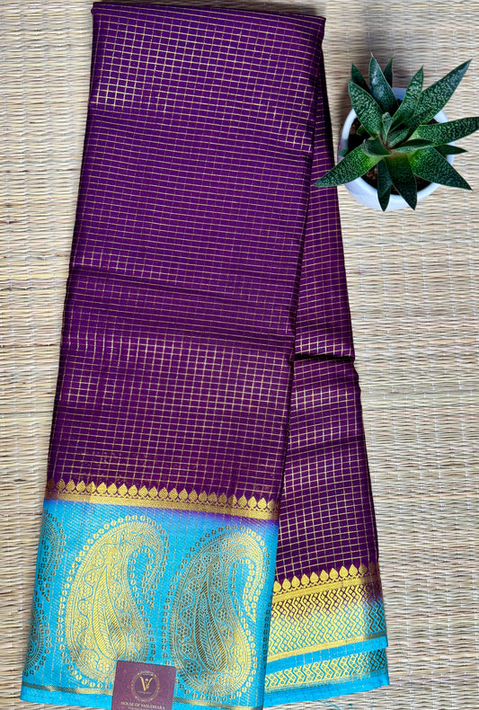 Purple Checked Mysore silk crepe Saree with Contrast Border