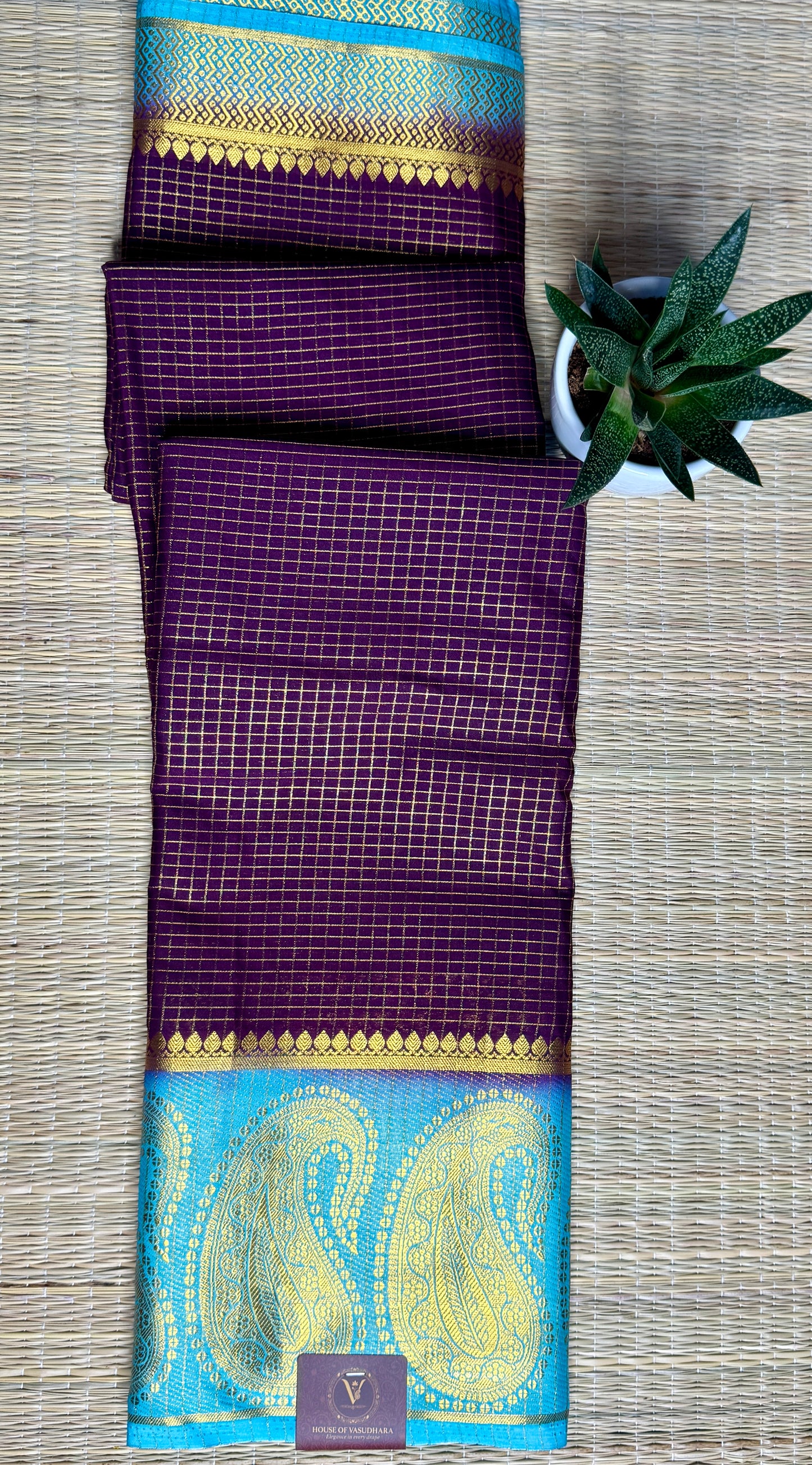 Purple Checked Mysore silk crepe Saree with Contrast Border
