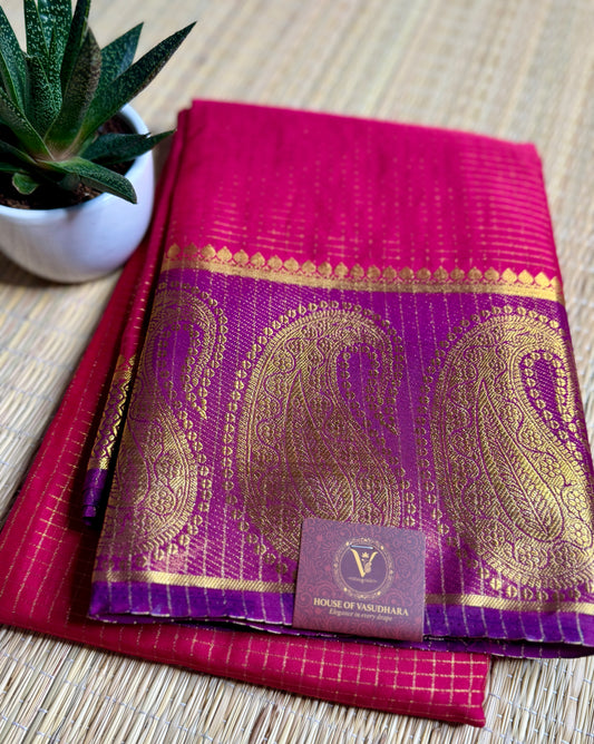 Rani Pink Checked Mysore silk crepe Saree with Contrast Border