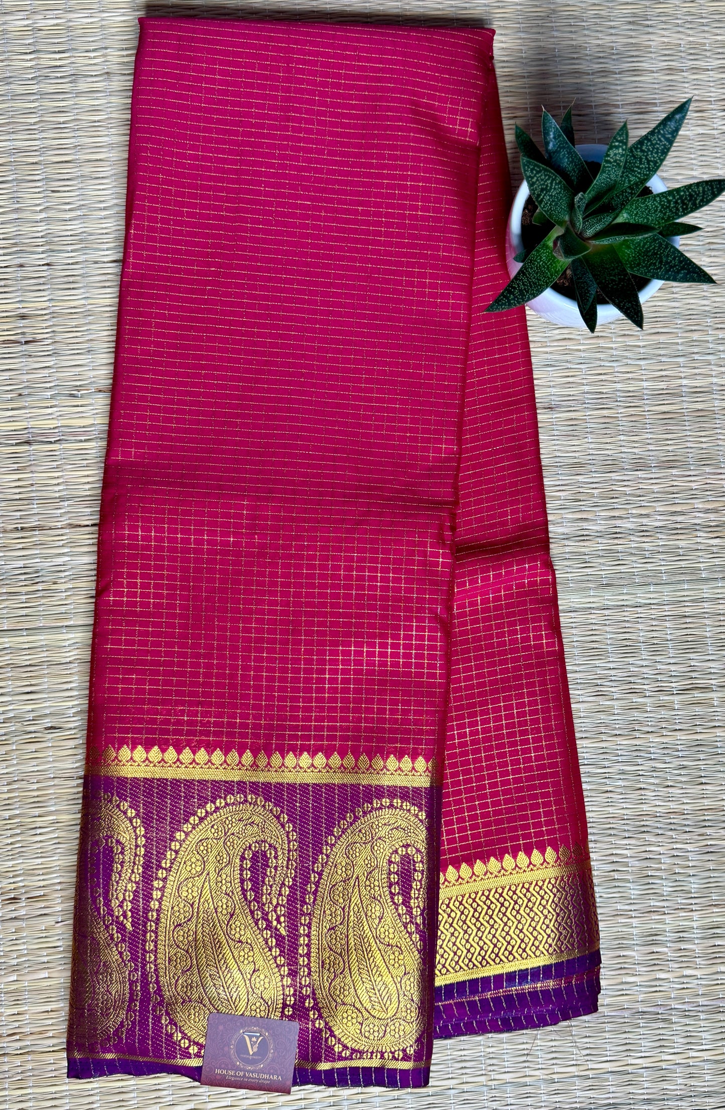 Rani Pink Checked Mysore silk crepe Saree with Contrast Border