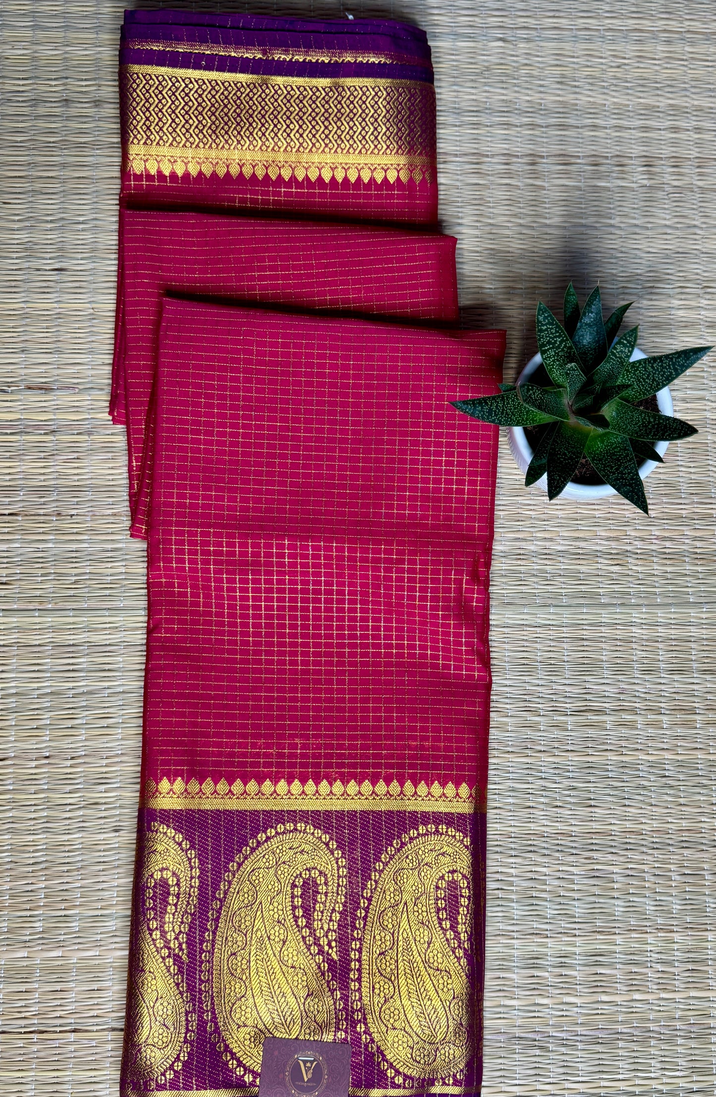 Rani Pink Checked Mysore silk crepe Saree with Contrast Border