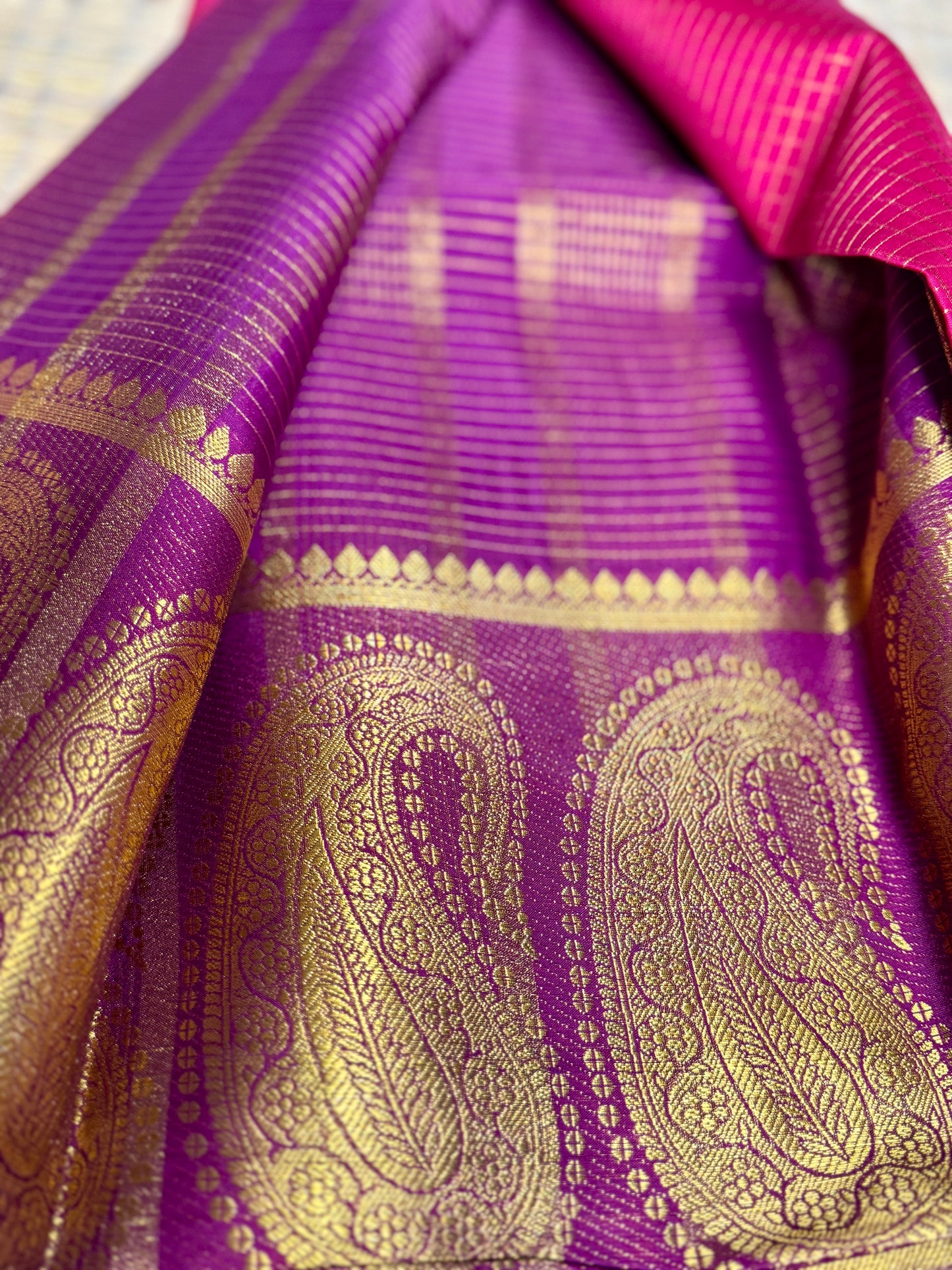 Rani Pink Checked Mysore silk crepe Saree with Contrast Border