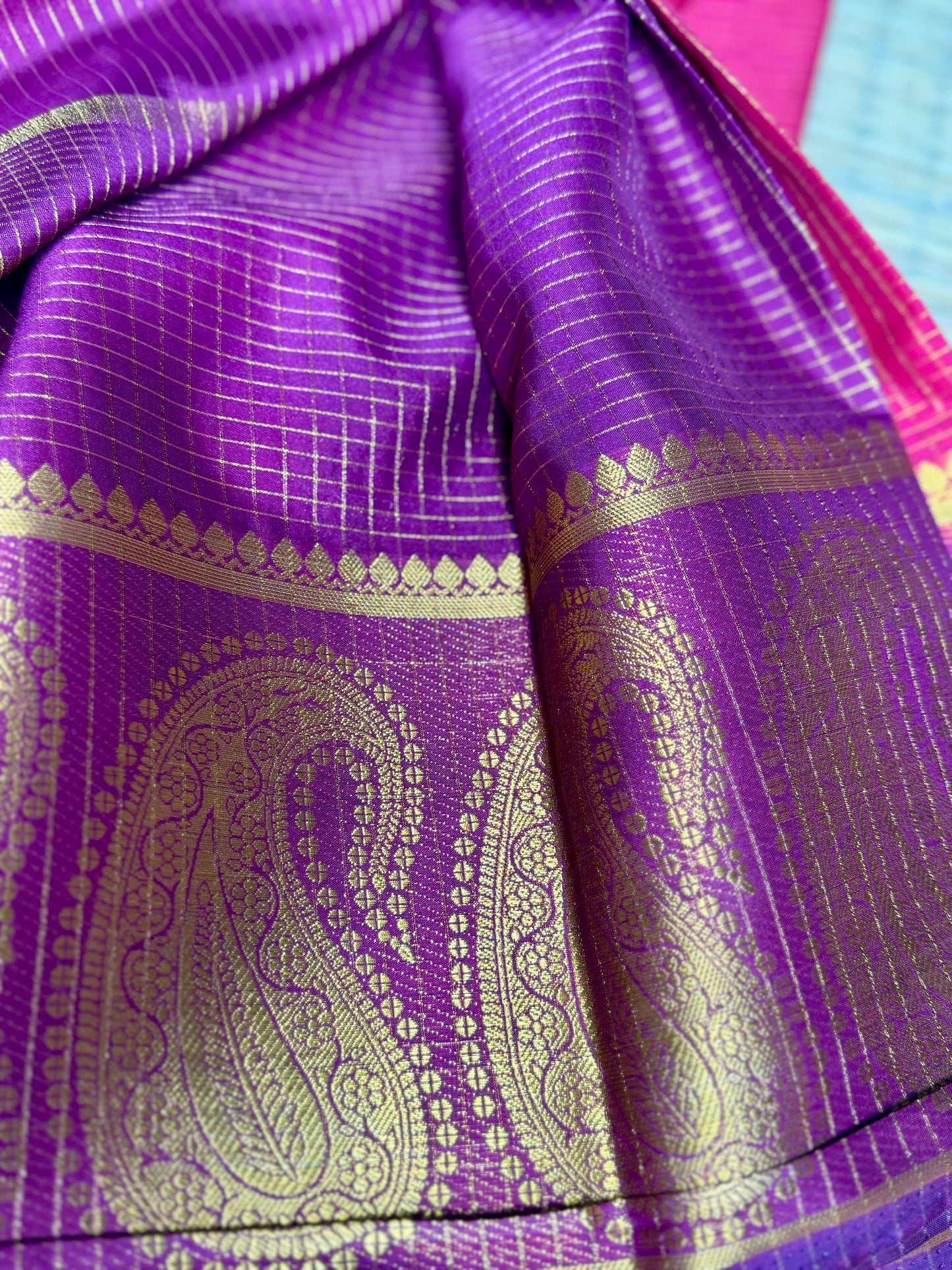 Rani Pink Checked Mysore silk crepe Saree with Contrast Border