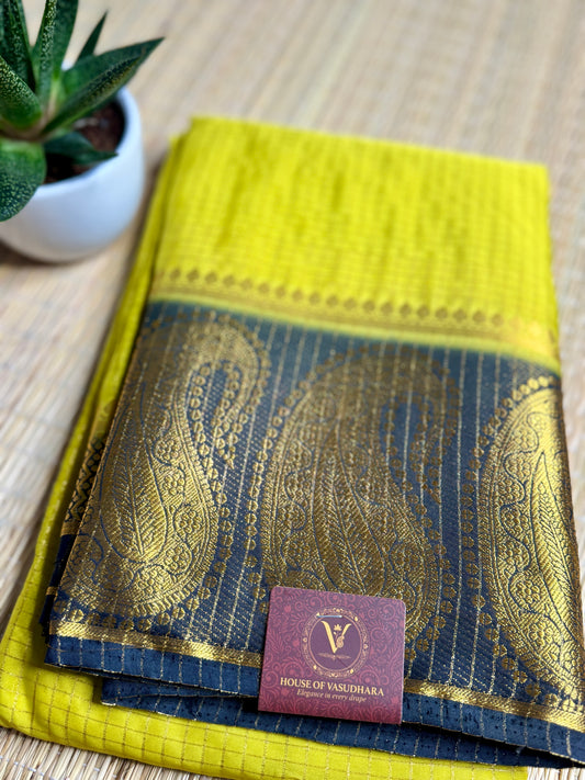 Yellow Gold Pink Checked Mysore silk crepe Saree with Contrast Border