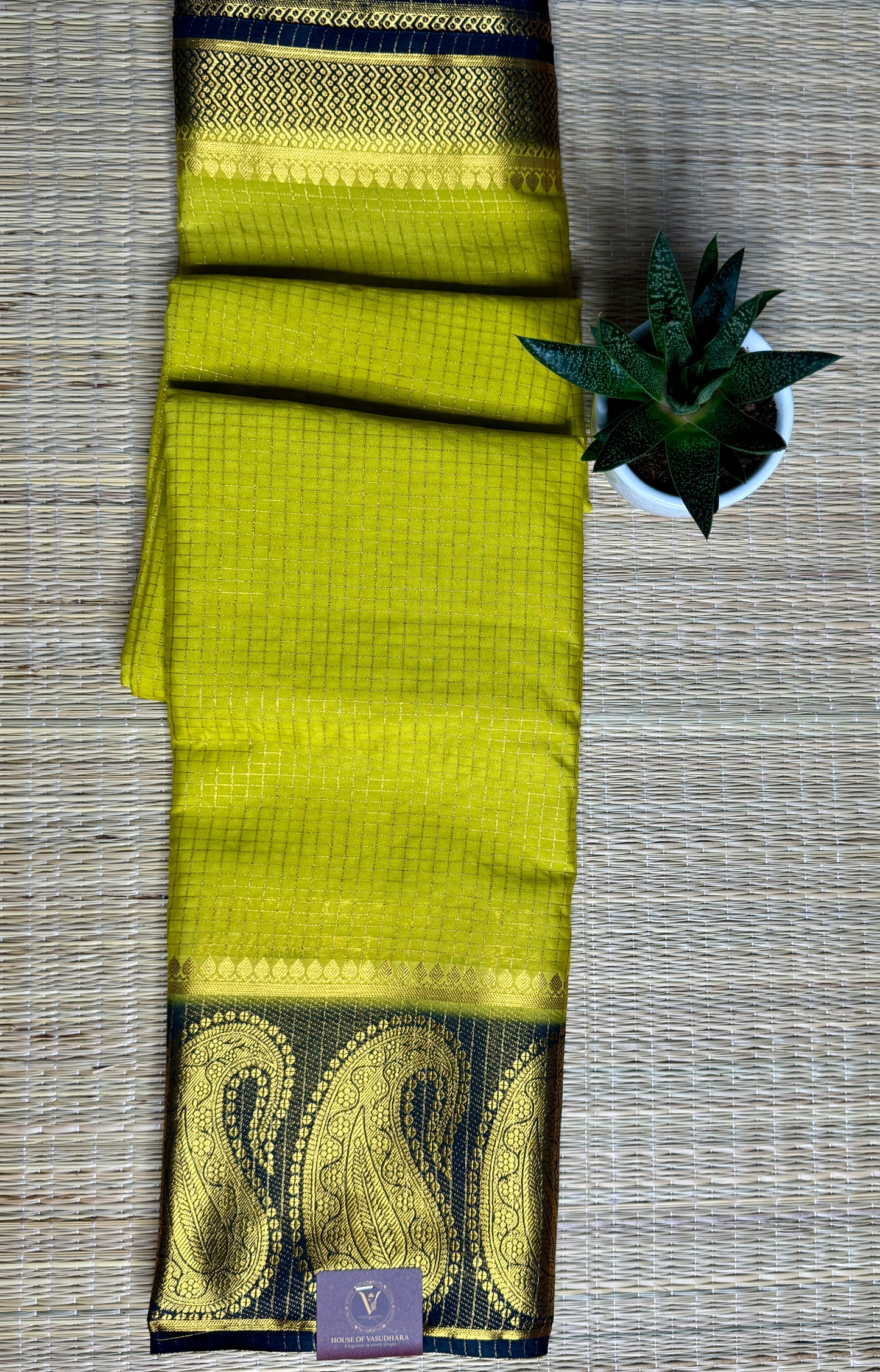 Yellow Gold Pink Checked Mysore silk crepe Saree with Contrast Border