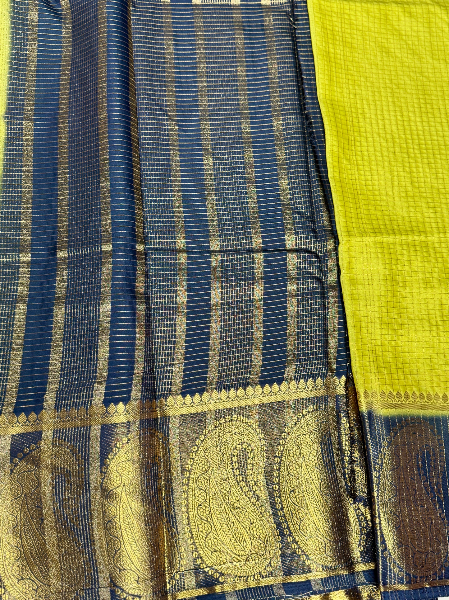 Yellow Gold Pink Checked Mysore silk crepe Saree with Contrast Border