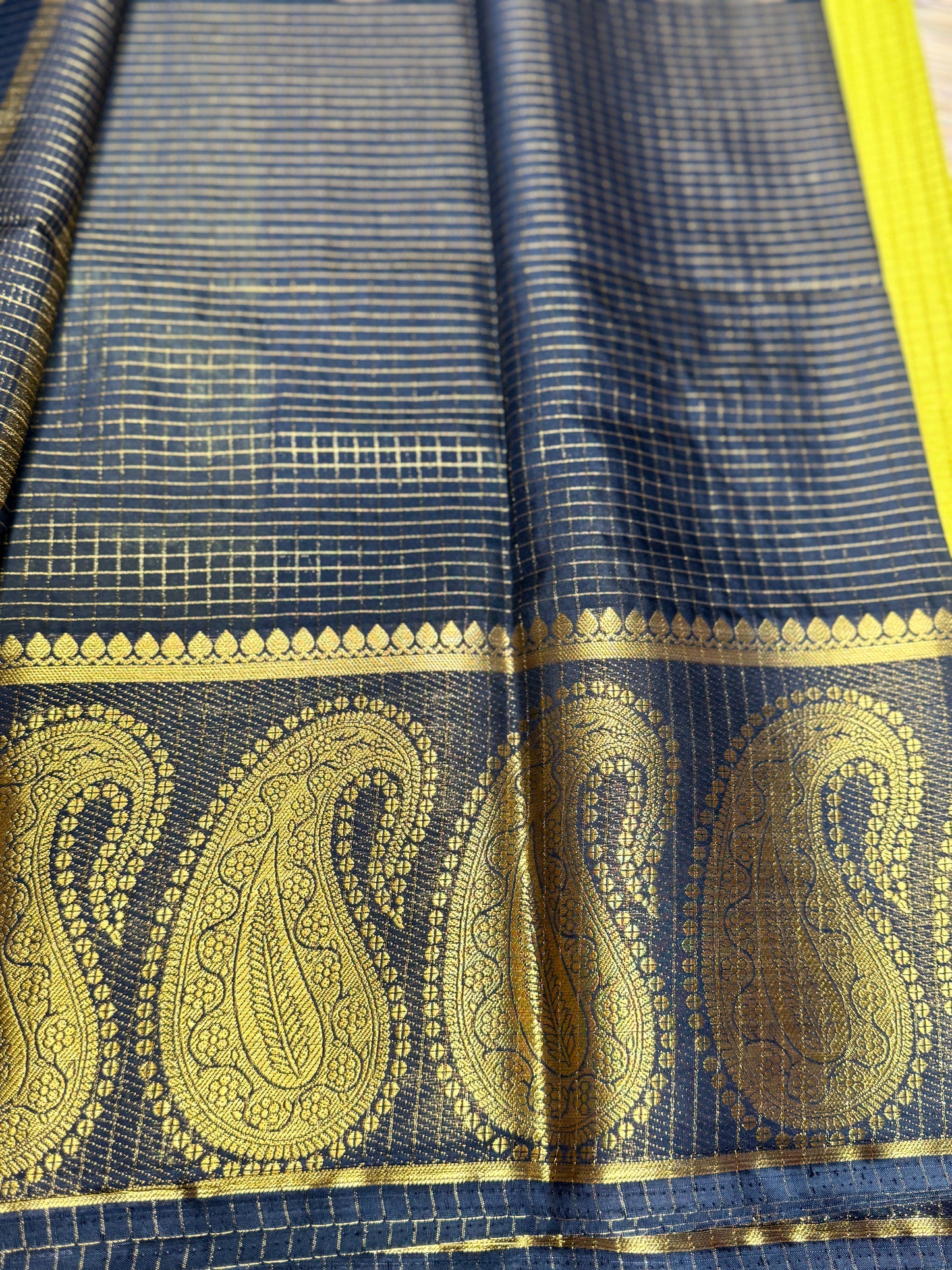 Yellow Gold Pink Checked Mysore silk crepe Saree with Contrast Border